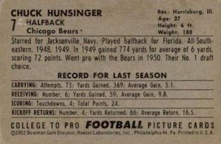1952 Bowman Small #7 Chuck Hunsinger Back