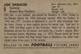 1952 Bowman Small #9 Joe Spencer Back