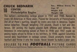 1952 Bowman Small #10 Chuck Bednarik Back