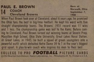1952 Bowman Small #14 Paul Brown Back