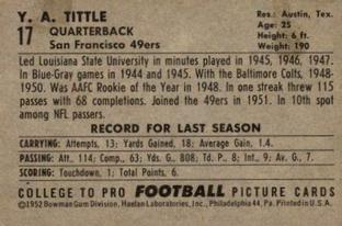1952 Bowman Small #17 Y. A. Tittle Back