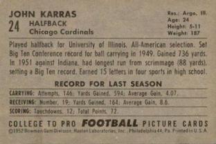1952 Bowman Small #24 John Karras Back