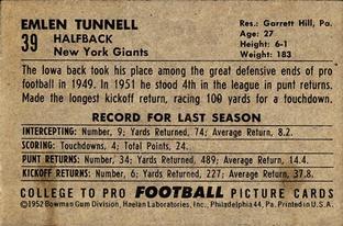 1952 Bowman Small #39 Emlen Tunnell Back