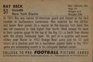 1952 Bowman Small #51 Ray Beck Back