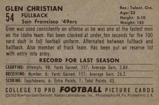 1952 Bowman Small #54 Glen Christian Back
