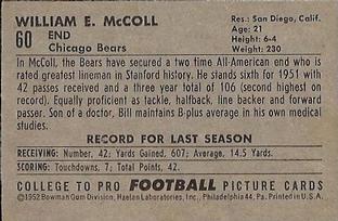 1952 Bowman Small #60 William McColl Back