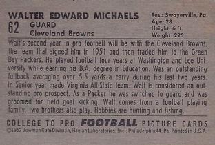 1952 Bowman Small #62 Walt Michaels Back