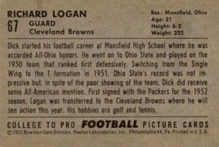 1952 Bowman Small #67 Dick Logan Back