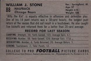 1952 Bowman Small #88 Billy Stone Back