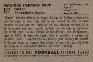 1952 Bowman Small #107 Maurice Nipp Back