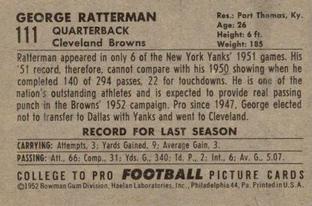 1952 Bowman Small #111 George Ratterman Back