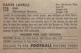 1952 Bowman Small #128 Dante Lavelli Back