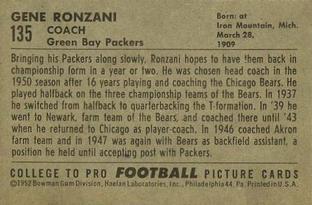 1952 Bowman Small #135 Gene Ronzani Back