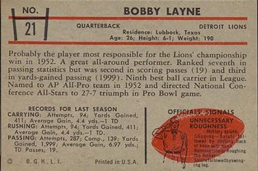 1953 Bowman #21 Bobby Layne Back