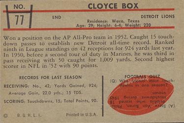 1953 Bowman #77 Cloyce Box Back
