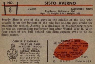 1953 Bowman #8 Sisto Averno Back