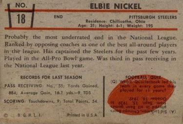 1953 Bowman #18 Elbert Nickel Back