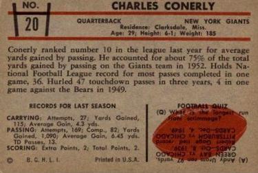1953 Bowman #20 Charley Conerly Back