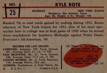 1953 Bowman #25 Kyle Rote Back
