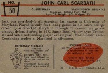 1953 Bowman #50 Jack Scarbath Back