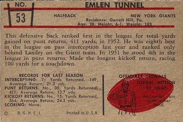 1953 Bowman #53 Emlen Tunnell Back