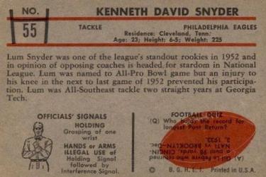 1953 Bowman #55 Ken Snyder Back