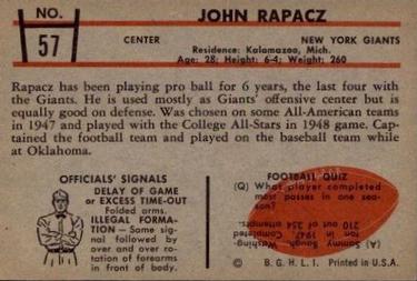 1953 Bowman #57 John Rapacz Back