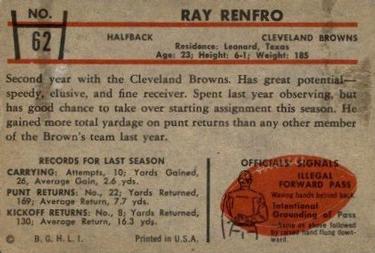 1953 Bowman #62 Ray Renfro Back