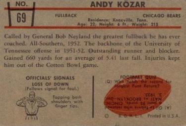 1953 Bowman #69 Andy Kozar Back