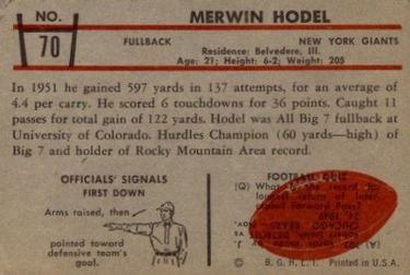 1953 Bowman #70 Merwin Hodel Back