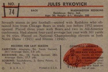 1953 Bowman #74 Jules Rykovich Back