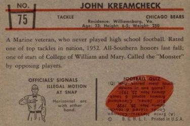 1953 Bowman #75 John Kreamcheck Back