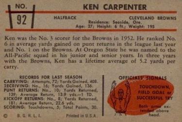 1953 Bowman #92 Ken Carpenter Back