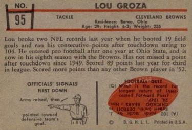 1953 Bowman #95 Lou Groza Back