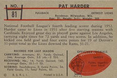 1953 Bowman #81 Pat Harder Back
