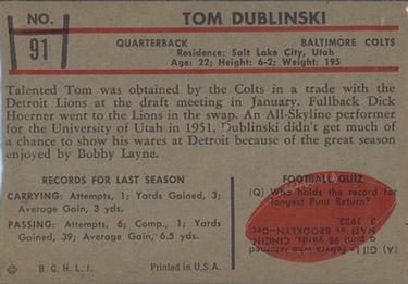 1953 Bowman #91 Tom Dublinski Back