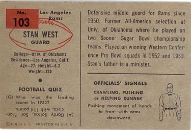 1954 Bowman #103 Stan West Back