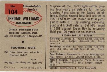 1954 Bowman #104 Jerome Williams Back