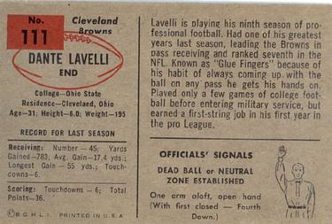 1954 Bowman #111 Dante Lavelli Back