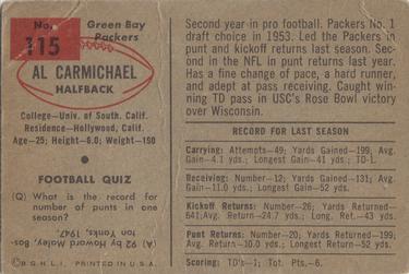 1954 Bowman #115 Al Carmichael Back