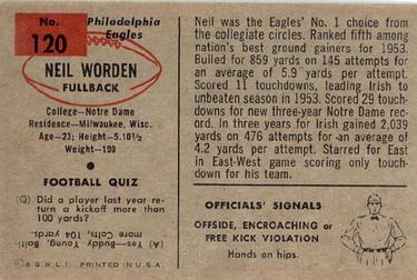 1954 Bowman #120 Neil Worden Back