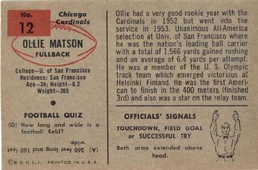 1954 Bowman #12 Ollie Matson Back