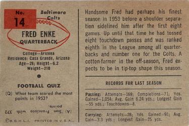 1954 Bowman #14 Fred Enke Back