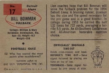 1954 Bowman #17 Bill Bowman Back
