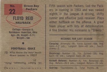 1954 Bowman #22 Floyd Reid Back