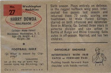 1954 Bowman #27 Harry Dowda Back