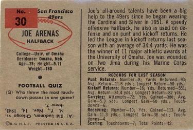 1954 Bowman #30 Joe Arenas Back