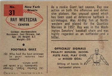 1954 Bowman #31 Ray Wietecha Back