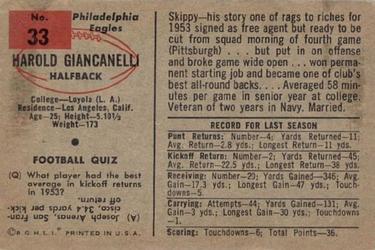1954 Bowman #33 Harold Giancanelli Back