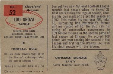 1954 Bowman #52 Lou Groza Back